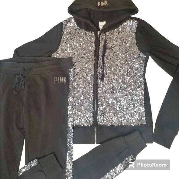 Y2K Victoria's Secret Pink Bling Hoodie Silver Sequin Joggers Outfit Set XS Rare - Picture 1 of 16